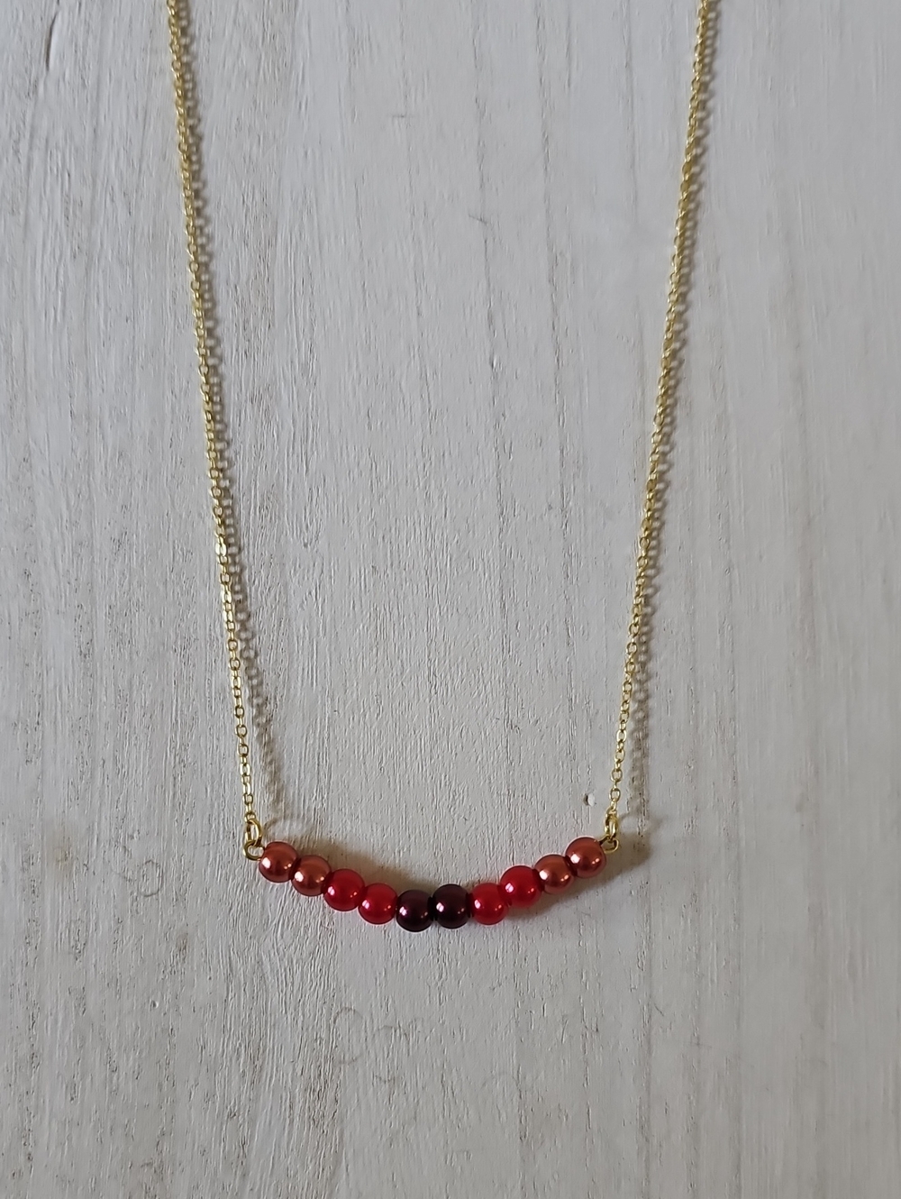 Gold Chain Necklace with Red Gradient Faux Pearl Beads